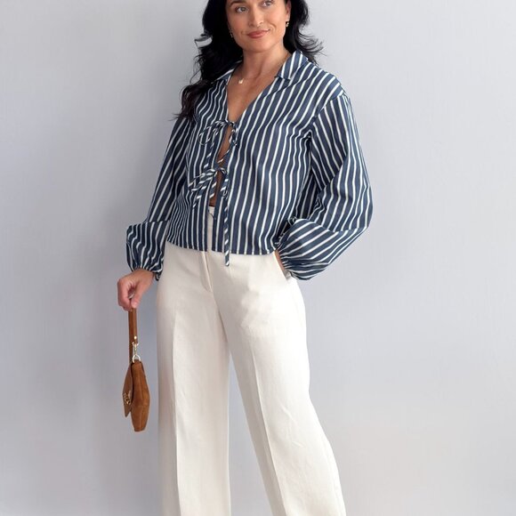 Women’s Striped Tie-Front Blouse – Navy/White, Collared Long Balloon Sleeve - Picture 9 of 10
